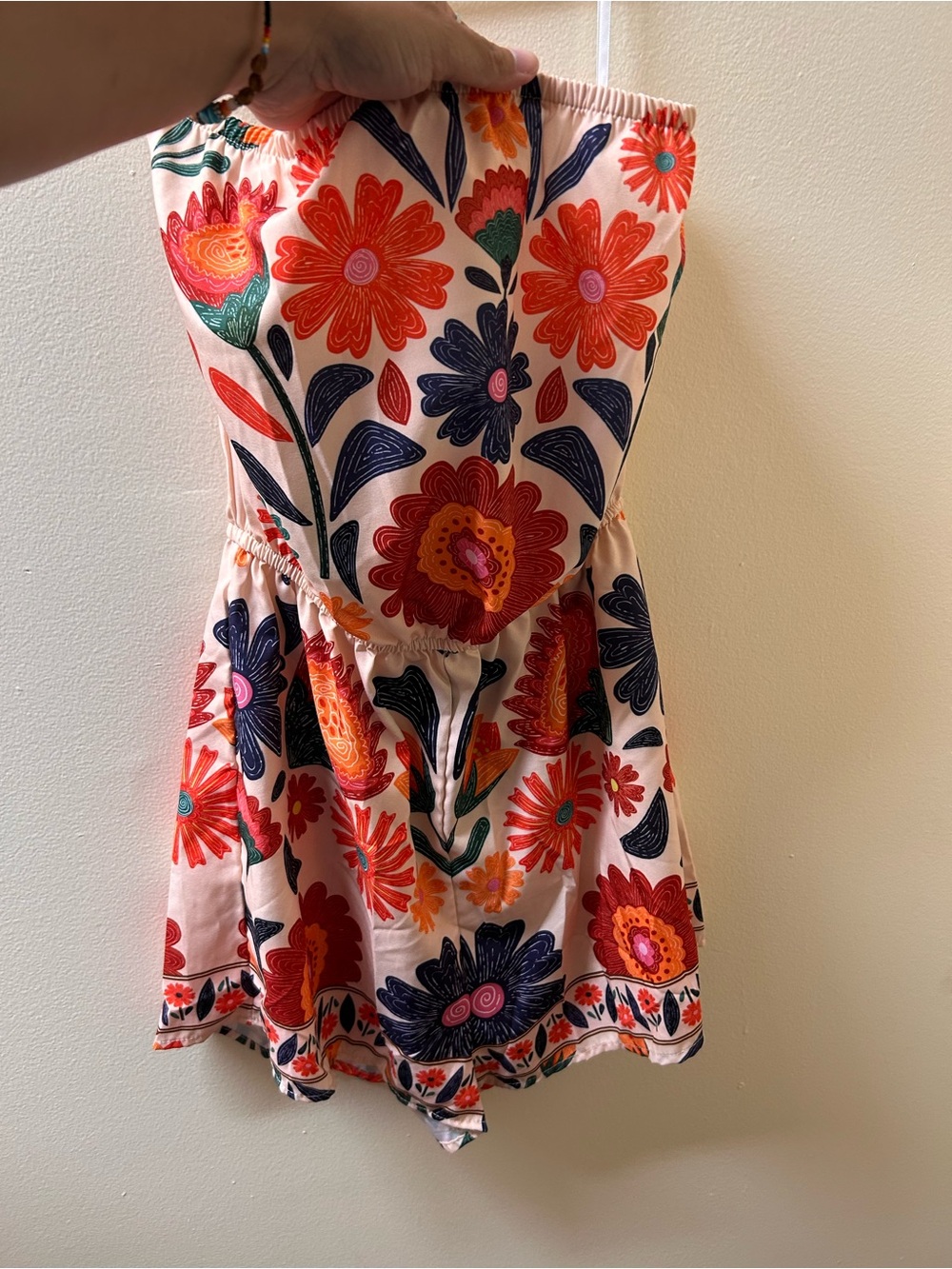 SHEIN Pink Floral Strapless Romper with Red & Navy Accents